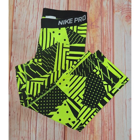 Nike Pro Compression Capri Leggings Large Yellow & Black Geometric Print - Picture 3 of 7